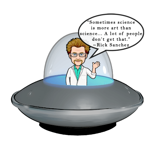 Cartoon of Aaron Mrvelj wearing a lab coat in a spaceship saying 'Sometimes science is more art than science... A lot of people don't get that.'